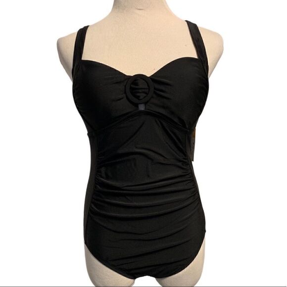 NWT Kona Sol Black Ruched One Piece Bathing Suit - Picture 1 of 6